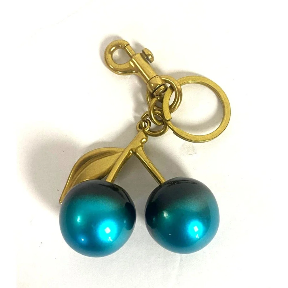 Ombre Teal Black Cherry Cherries Keychain Bag Charm Resin Gold Tone Metal